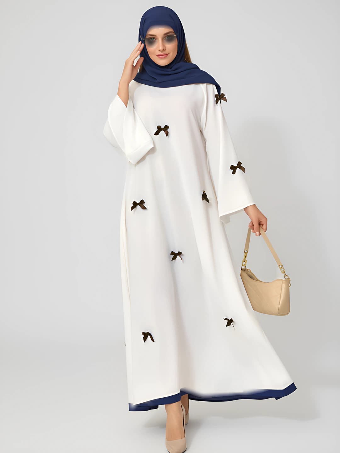 Ayollar uchun abaya ko'ylak, poliester, uzun yubka, uzun yeng, bo'sh (oversize) kesim, qo'ng'iroq yeng, bow dizayn elementi