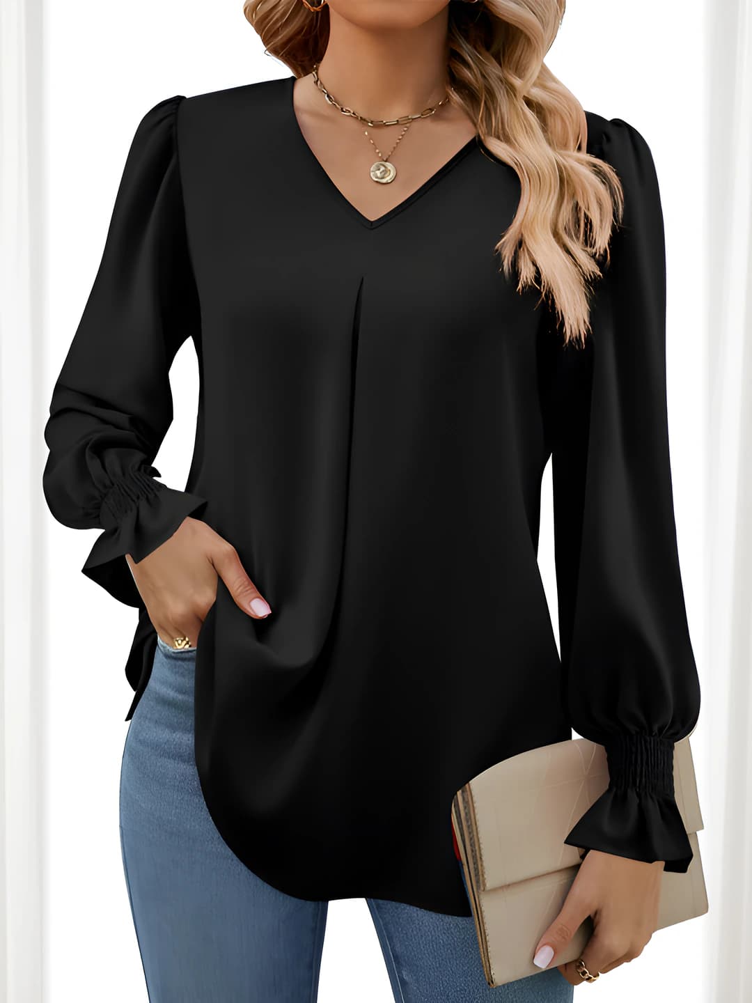 Women's V-neck long-sleeve puff-sleeve blouse, slim fit, solid colour, autumn