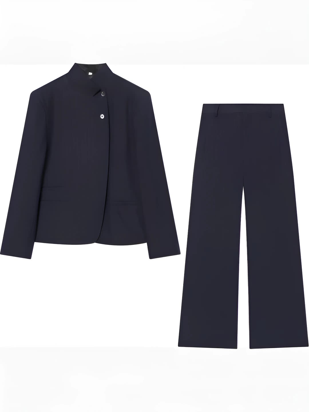 Women's suit with trousers: high neck striped blazer and trousers set, long sleeve, for autumn and winter