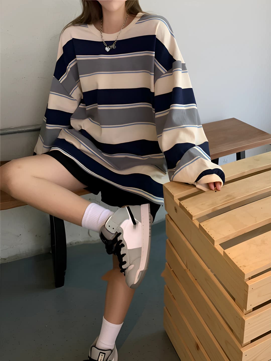 Women's autumn Korean style striped long sleeve thin t-shirt, loose fit, crew neck, printed, mid-length