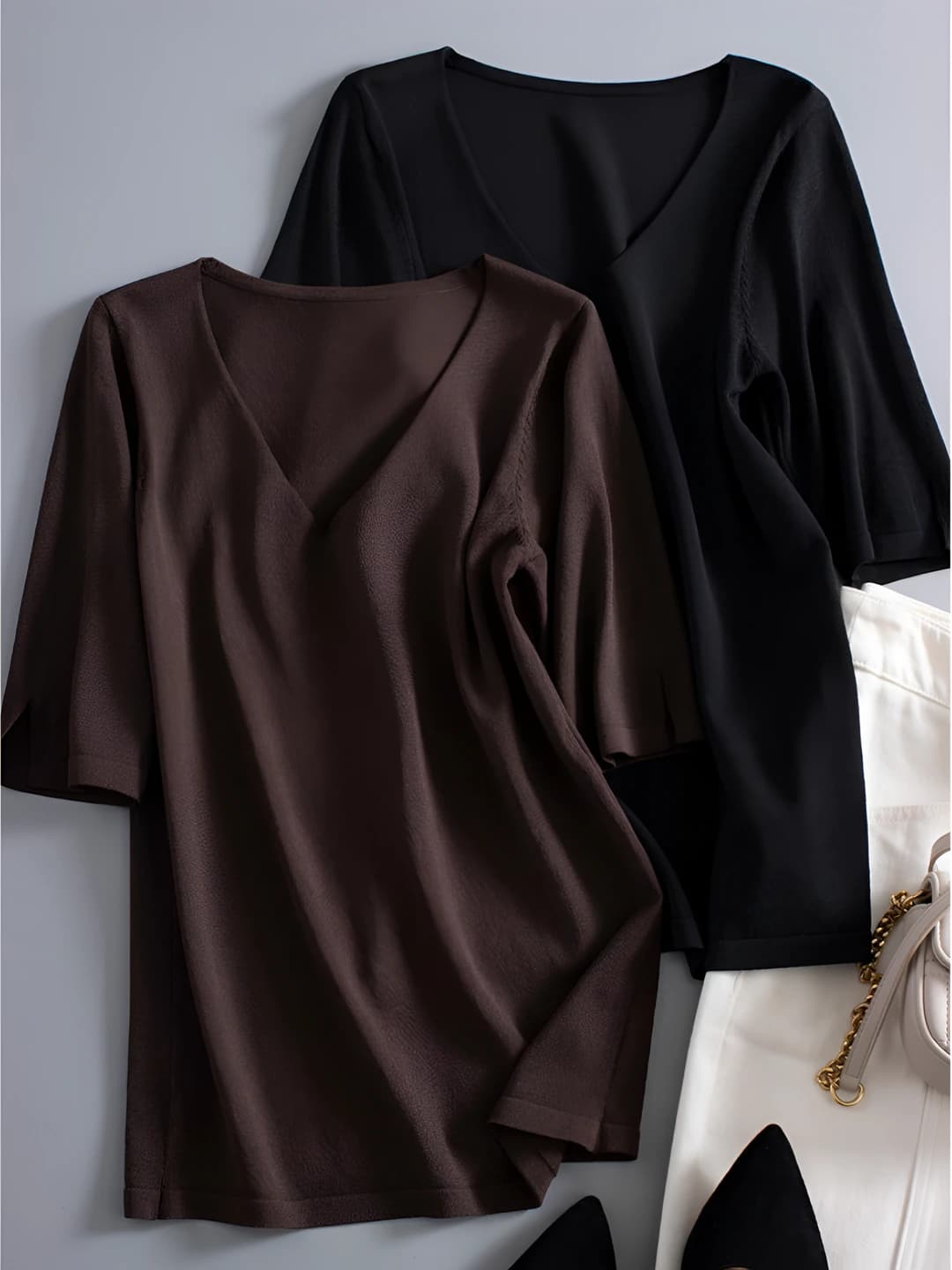 Women's plus size loose fit thin solid colour ice-silk fabric V-neck long sleeve mid-length knit top