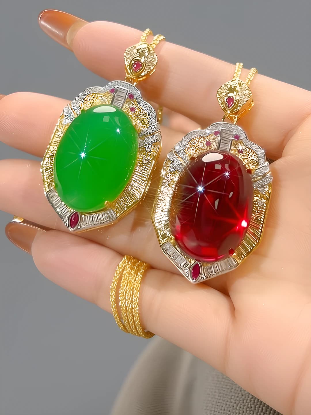 Women's 2026 pendant with synthetic red ruby and green chrysoprase in gold color, 18*25 mm
