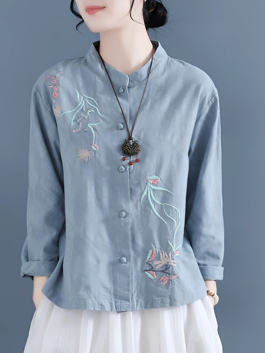 Women's embroidered long-sleeve shirt, stand collar, retro, loose fit, spring-autumn, 2026