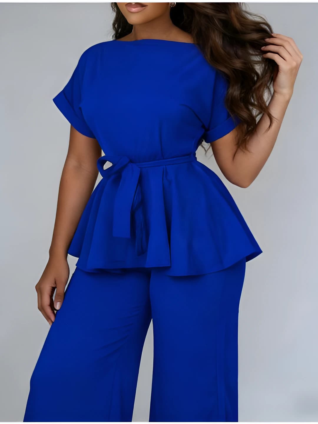 Women's summer solid colour sleeveless peplum top and wide-leg trousers set