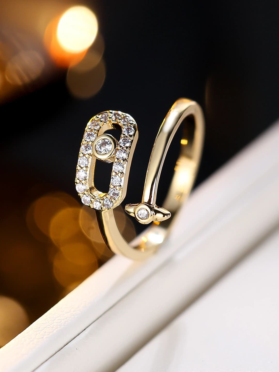 Women's adjustable zircon ring with gold plating, European style, design element