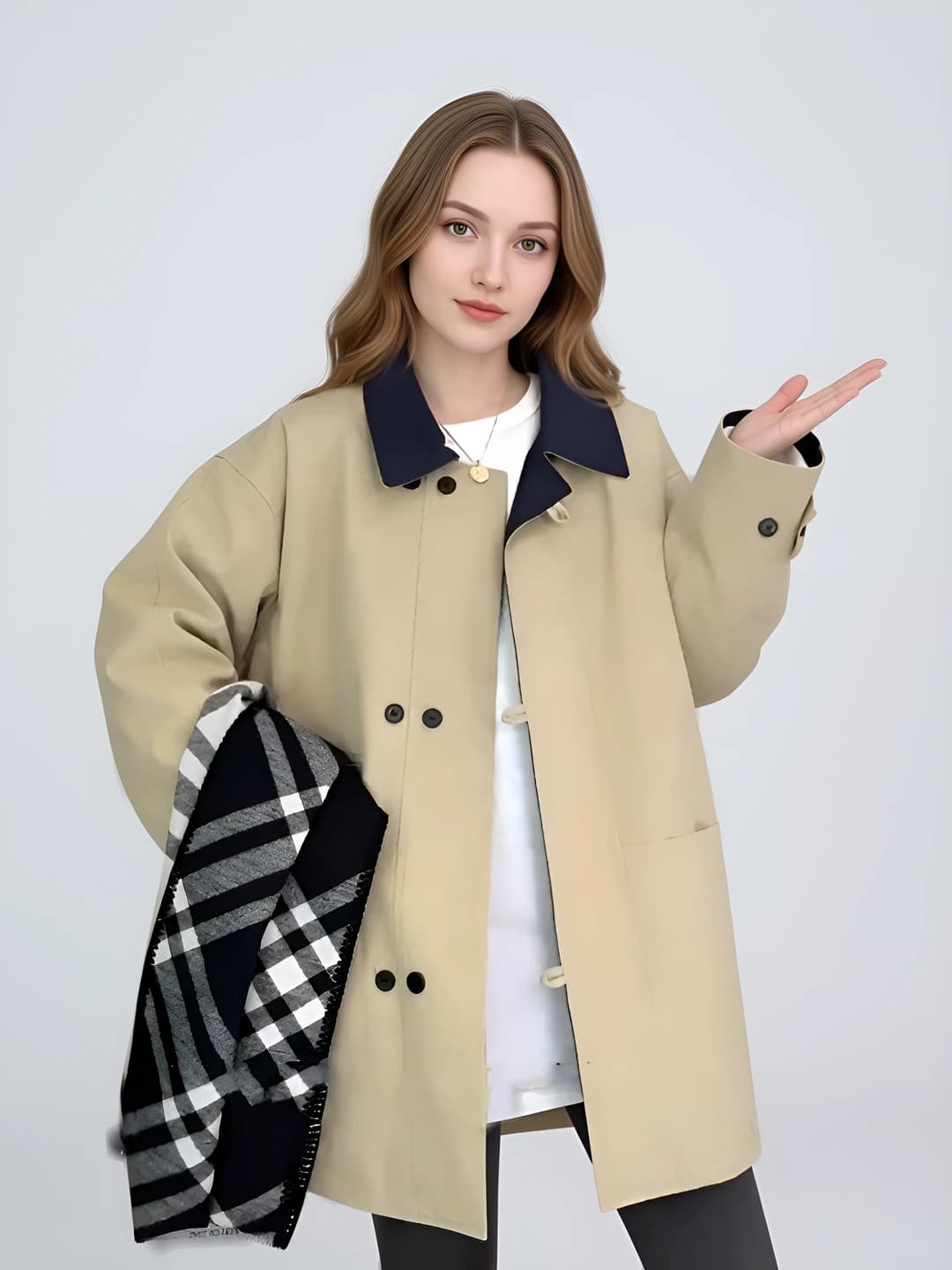 Women's 2026 spring-autumn trench coat: short, loose fit, lapel collar, long sleeve, solid colour, down-alternative fill, polyester, casual