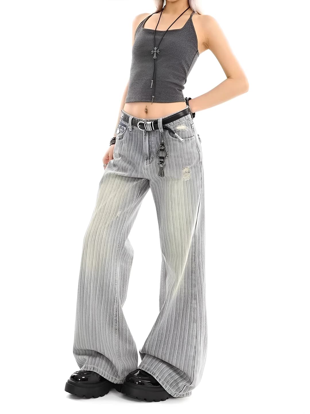 Women's wide and flared jeans, retro, striped, loose fit, casual, high waist, stretch, non-iron