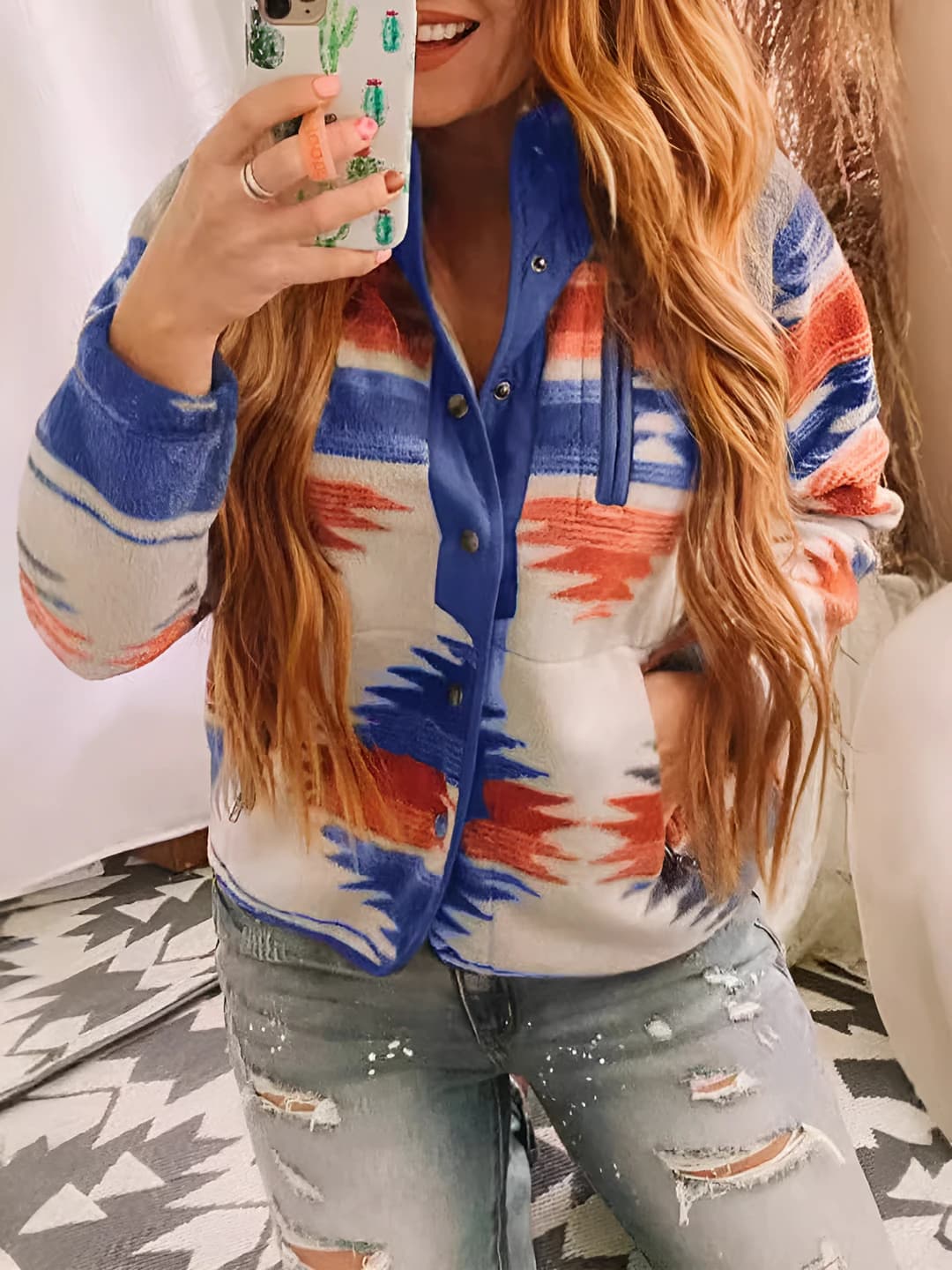 Women's winter jacket: thick, mock neck, printed, geometric pattern, color-block, sleeve type: raglan