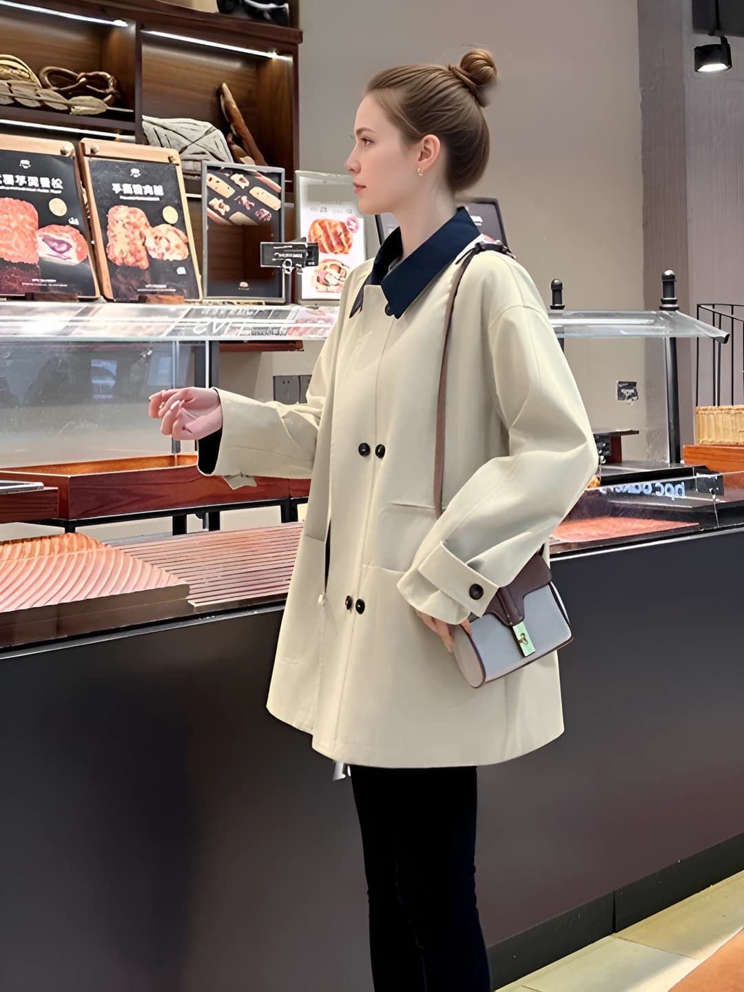Ayollar uchun bahor-kuzgi kalta paxta-astarli kurtka, sintetik pux to'ldirgich, bo'sh (oversize) kesim, qaytarma yoqa, uzun yeng, bir rangli, nozik ko'rsatadigan