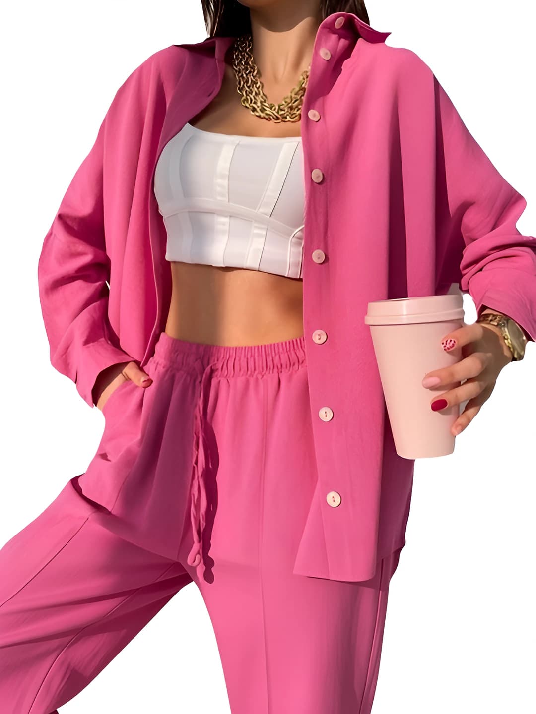 Women's spring-autumn casual plus size solid colour long sleeve set (open shirt and trousers)