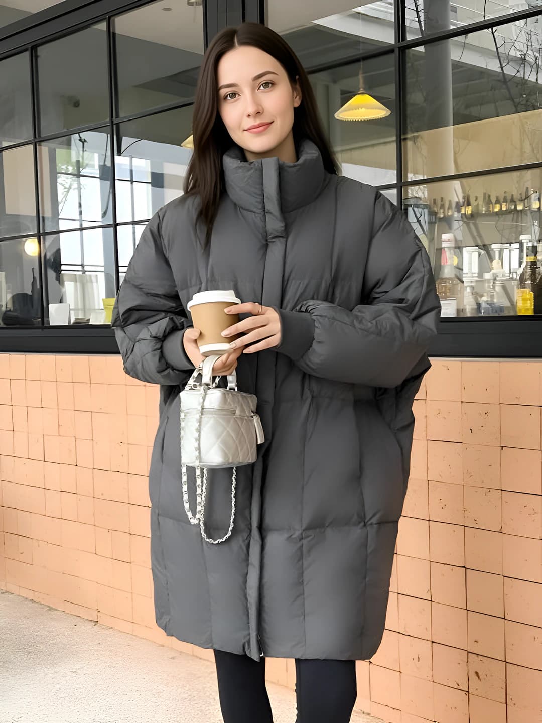 Women's 2026 winter Korean style mid-length down jacket, down-alternative fill, thickened, loose fit, stand collar, zip, solid colour