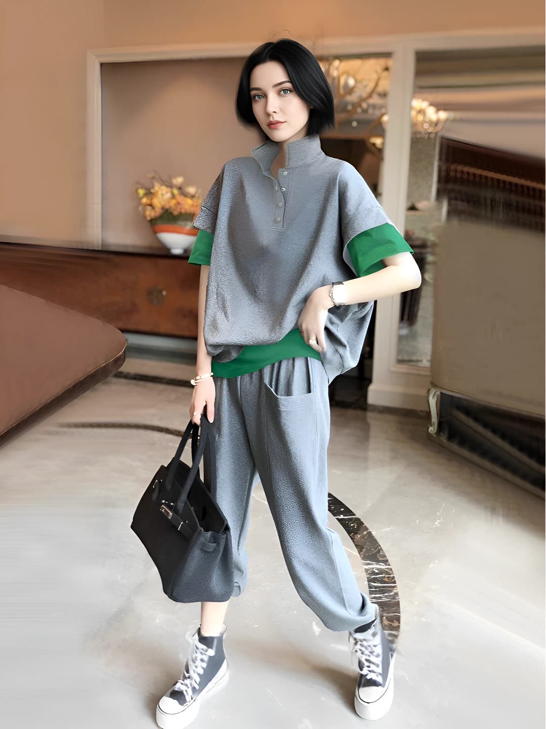 Ayollar uchun yozgi kundalik to'plam: tik yoqali kalta yengli ko'ylak va keng shim, bo'sh (oversize) kesim, katta o'lcham