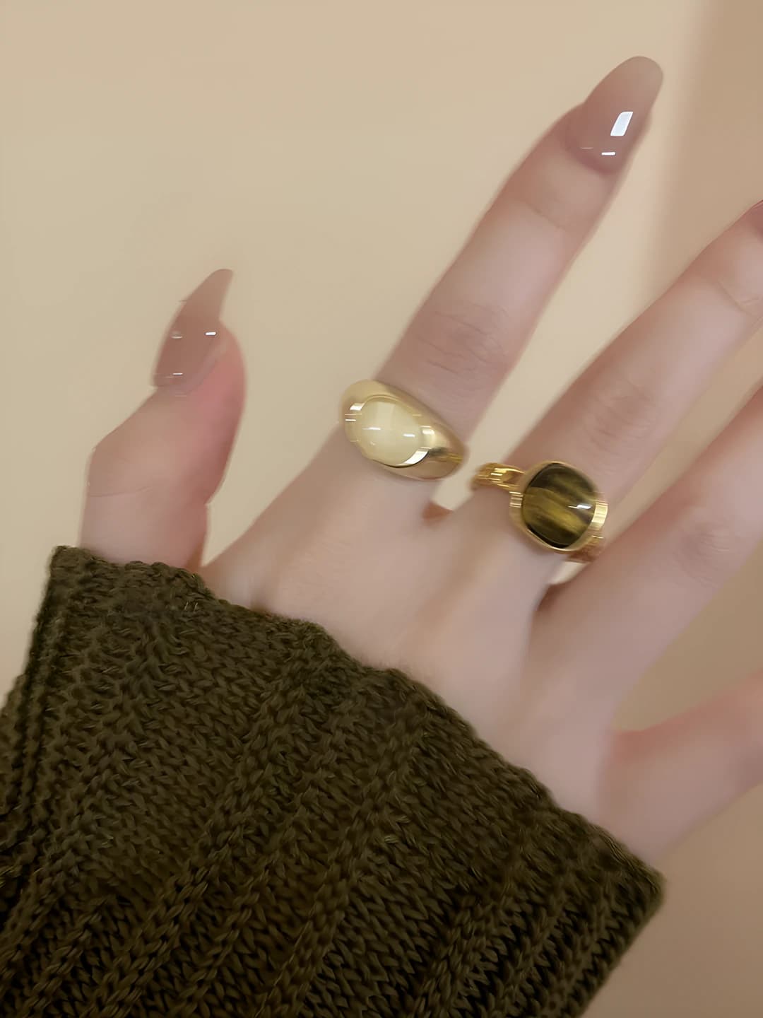 Retro ring for women in Korean style, geometric shape, copper material, amber color, open ring