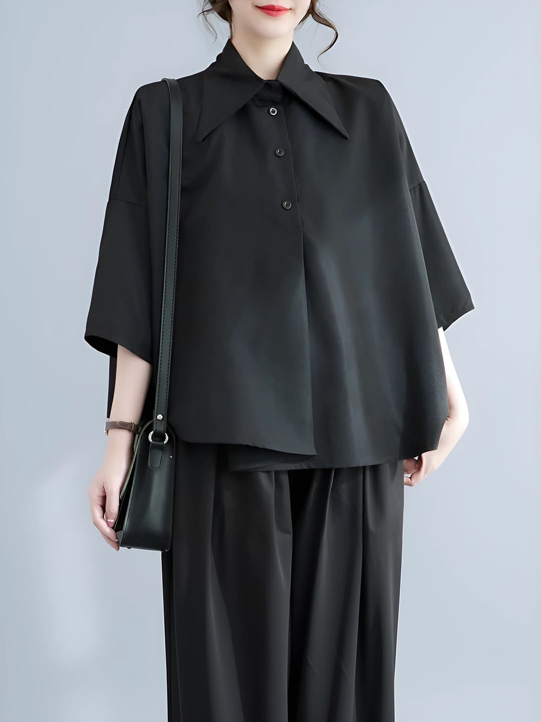 Women's blouse: loose fit, long sleeve, mid-length, slim fit, solid colour, black