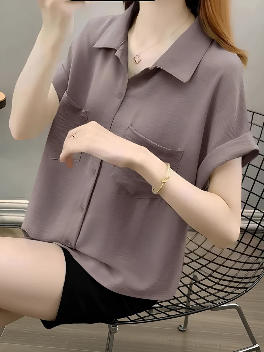 Women's 2026 summer thin loose fit short sleeve chiffon blouse with stand collar and princess sleeves