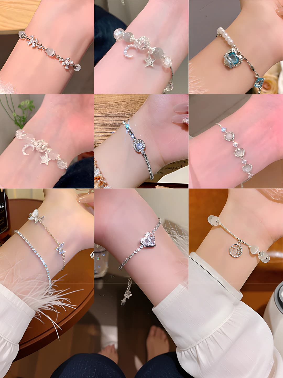 Women's silver bracelet with zircon and pearl, heart, star and geometric shapes, in Korean style