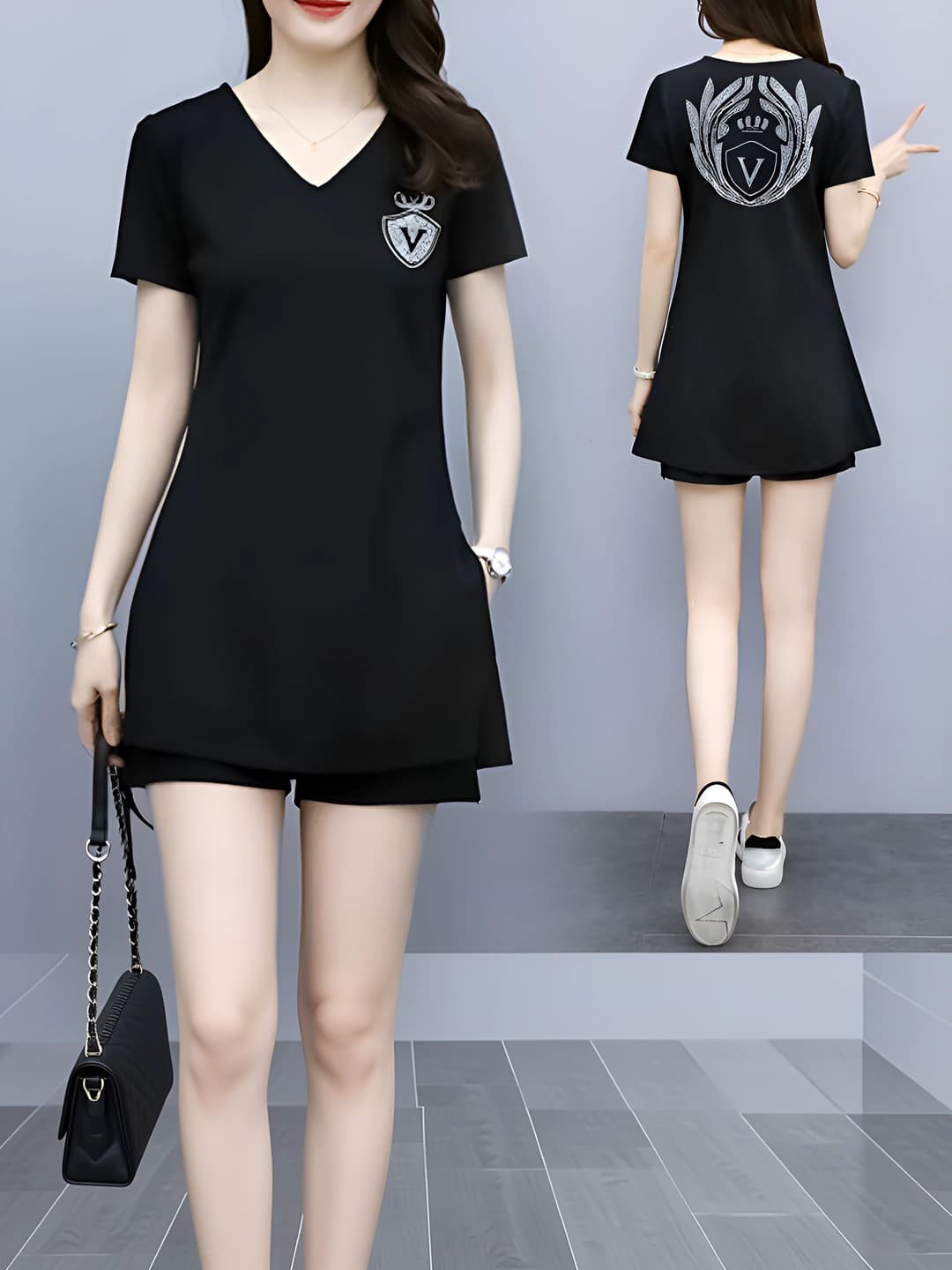 Women's summer t-shirt and shorts set: V-neck, short sleeve, geometric pattern, plus size