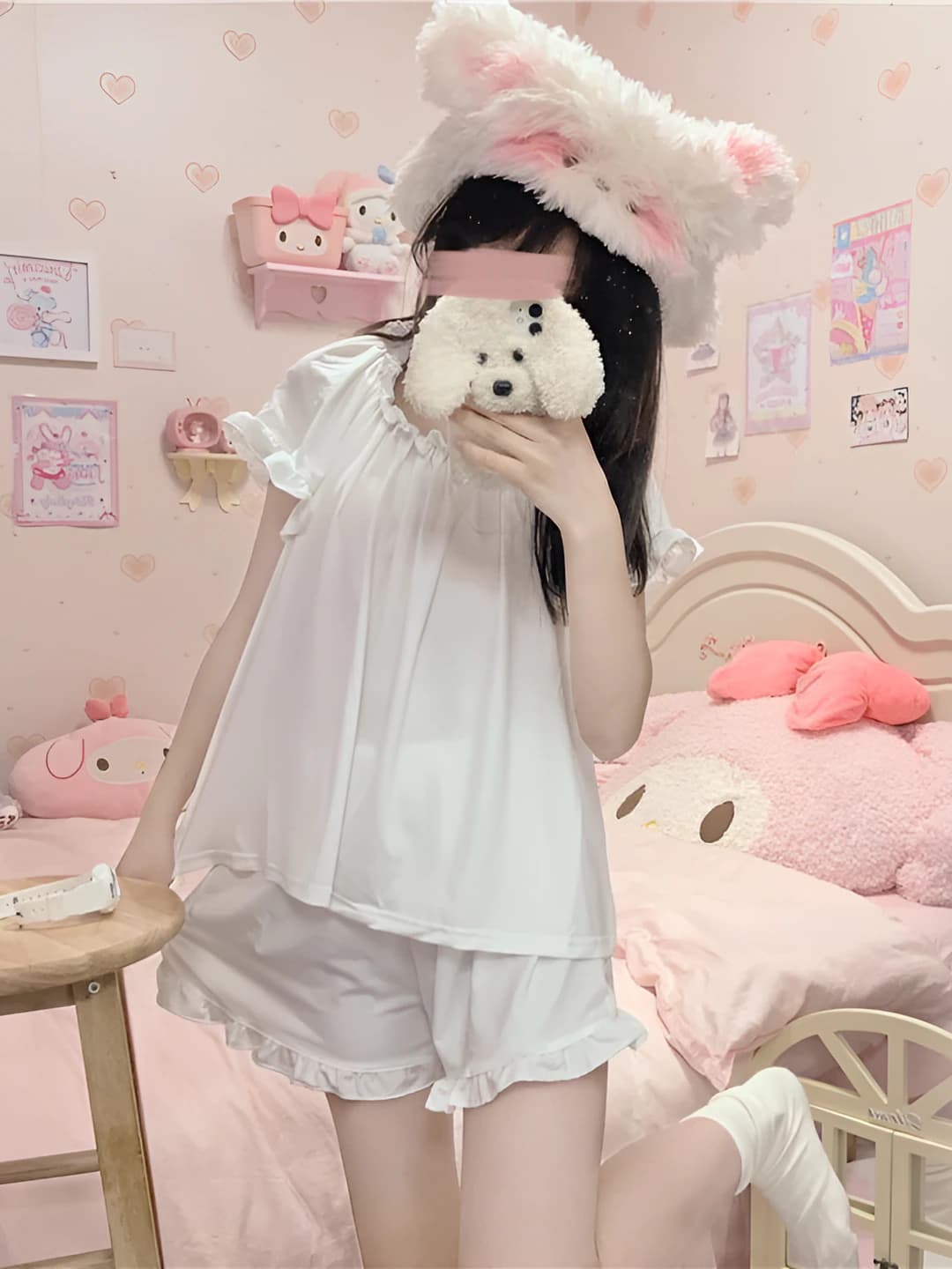Women's summer pajama set, Korean style, thin, crew neck, short sleeve, shorts, solid colour, breathable, loungewear
