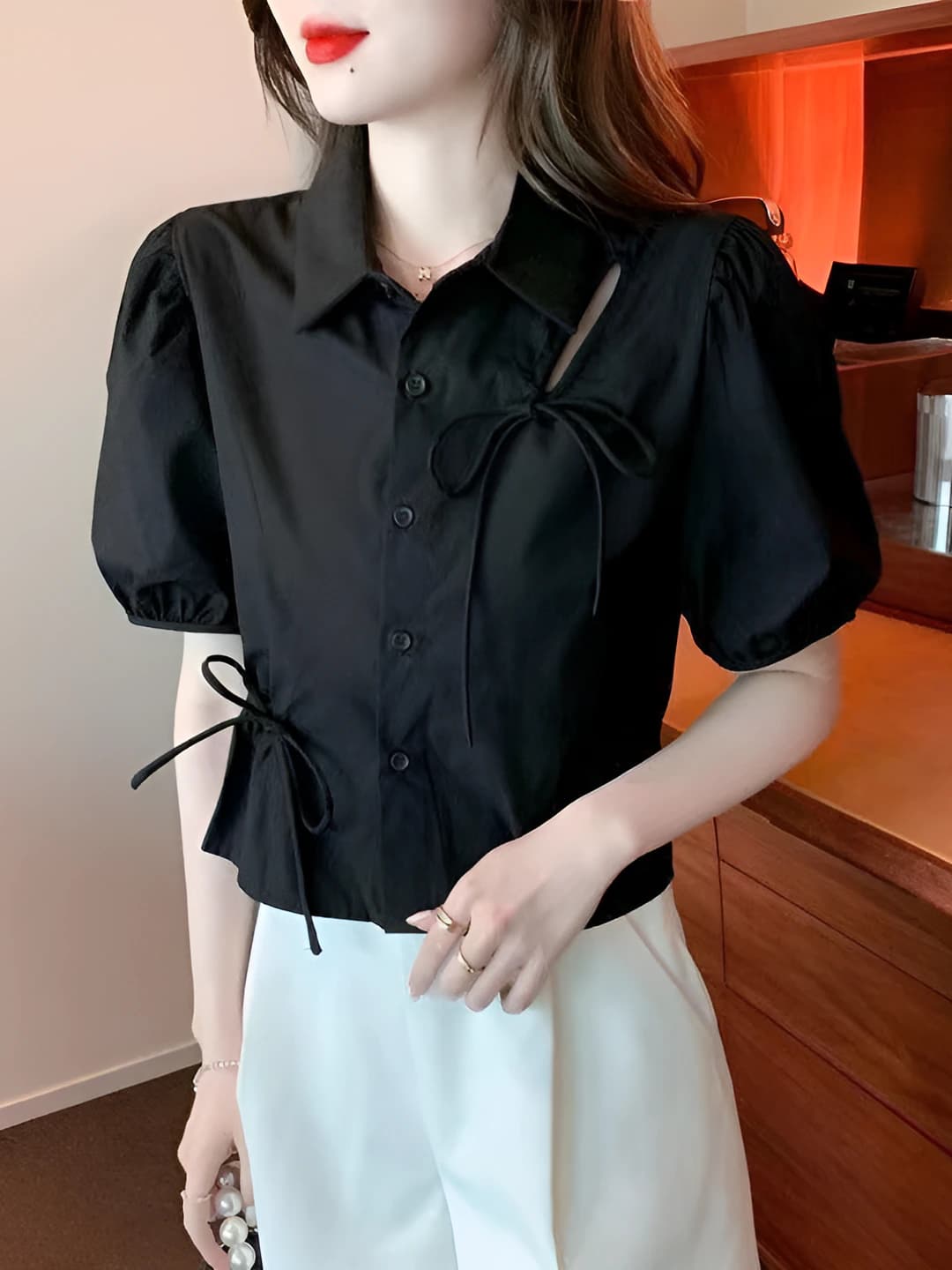 Women's Korean style short sleeve cropped blouse, V-neck, long sleeve, slim fit, 2026 summer