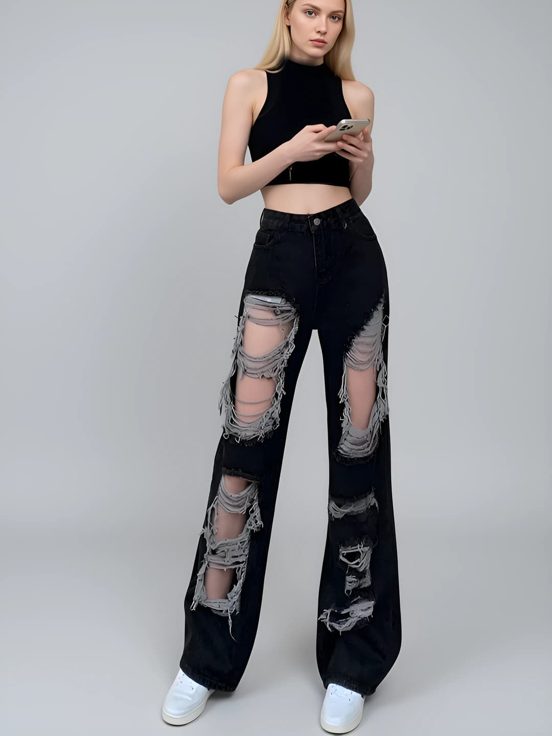 Women's summer wide and flared jeans, distressed, straight cut, trousers, loose fit, slimming, stretch, non-iron