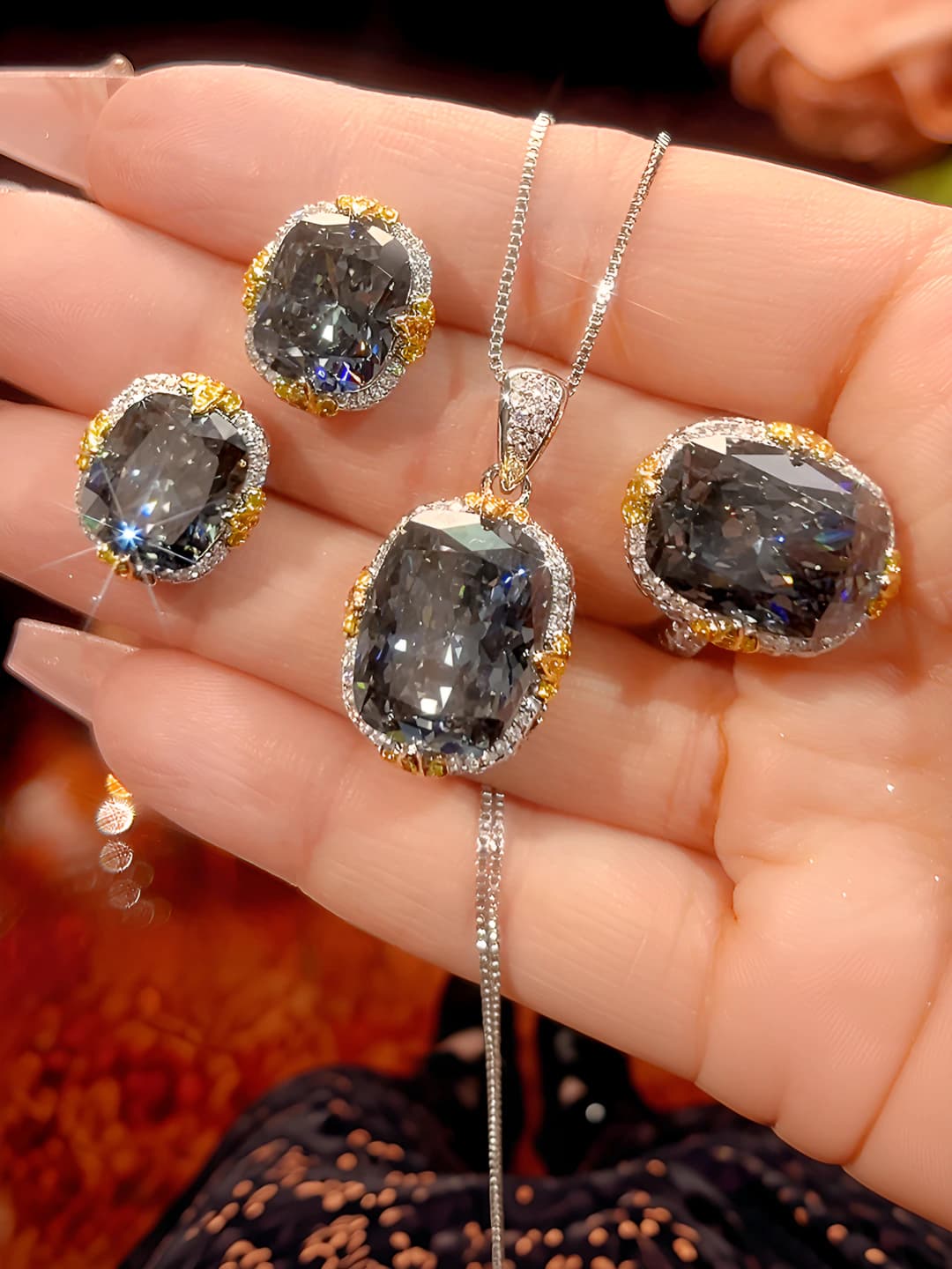 Women's autumn-winter set: brass, gold-plated, zircon, black and grey, 12*16-10*12