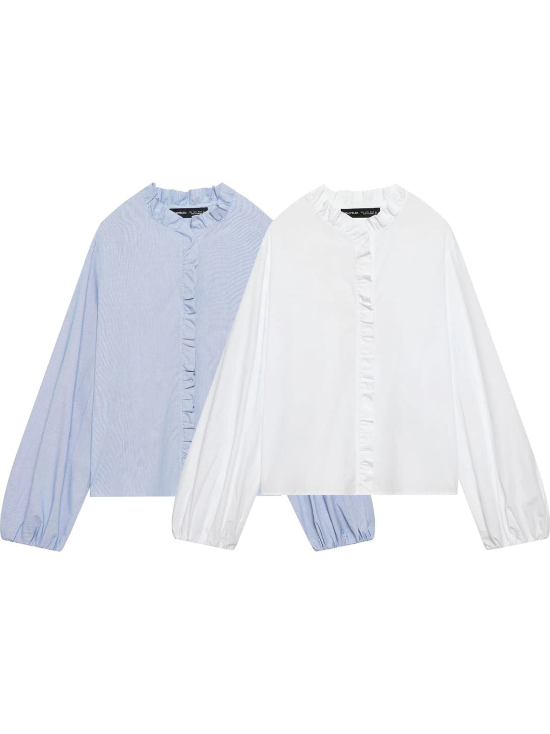 Women's long sleeve wavy collar striped solid colour slim fit A-line blouse