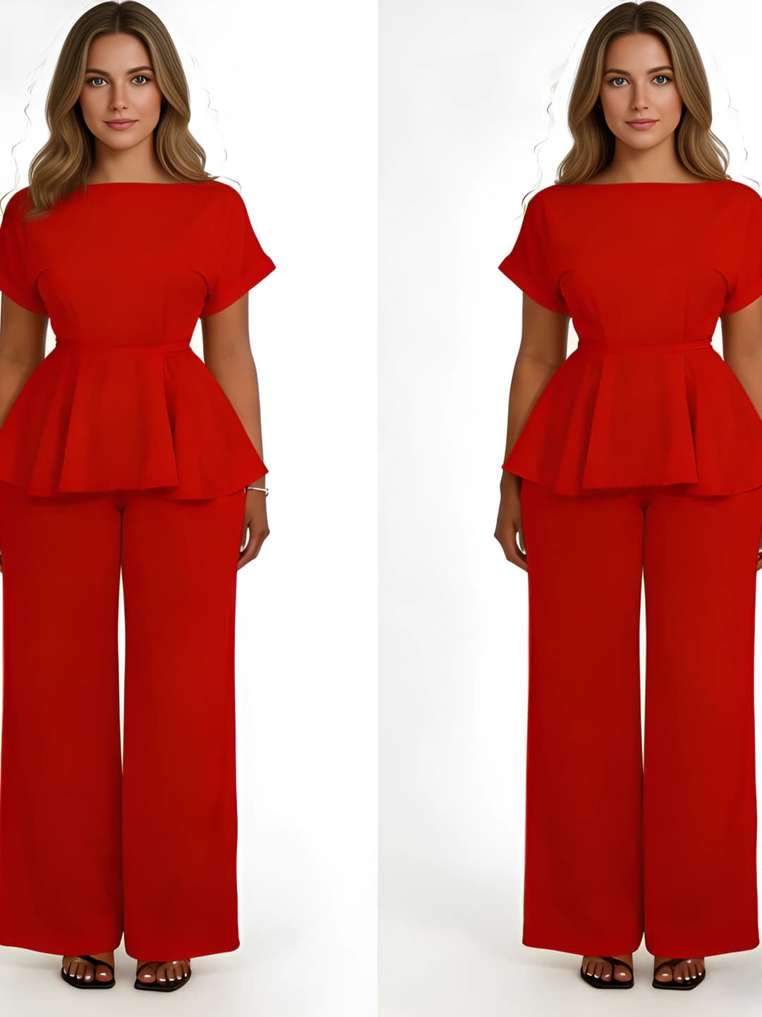 Women's summer casual set: sleeveless peplum t-shirt and high waist wide-leg trousers, solid colour