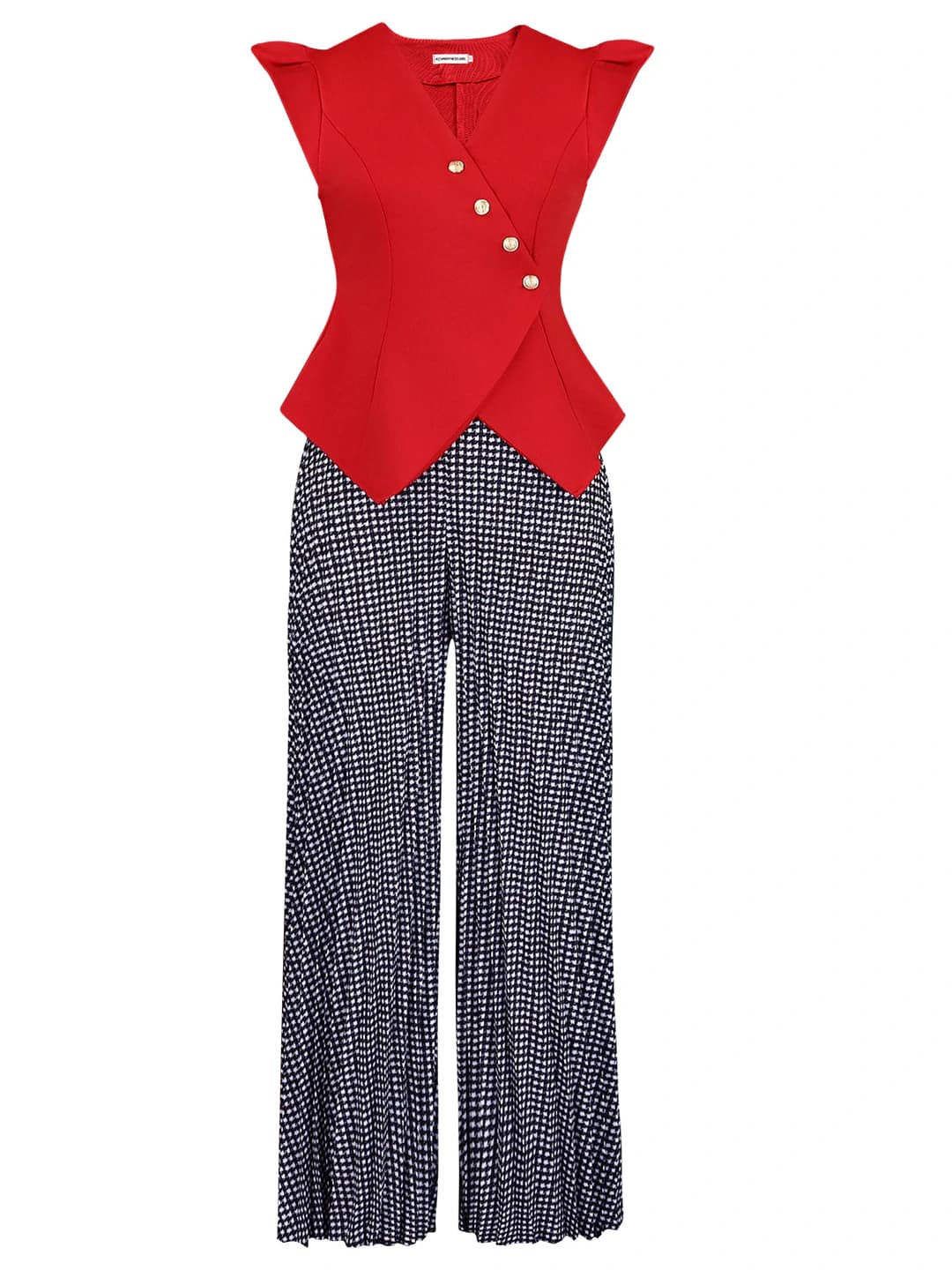 Red top, black plaid pants
