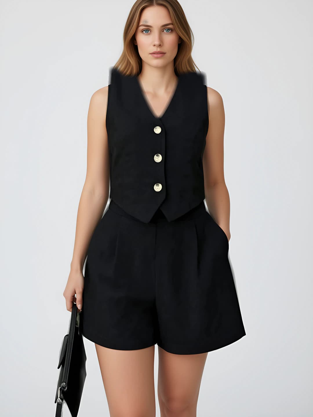 Women's sleeveless vest and short shorts two-piece set, solid colour, V-neck, for summer and autumn