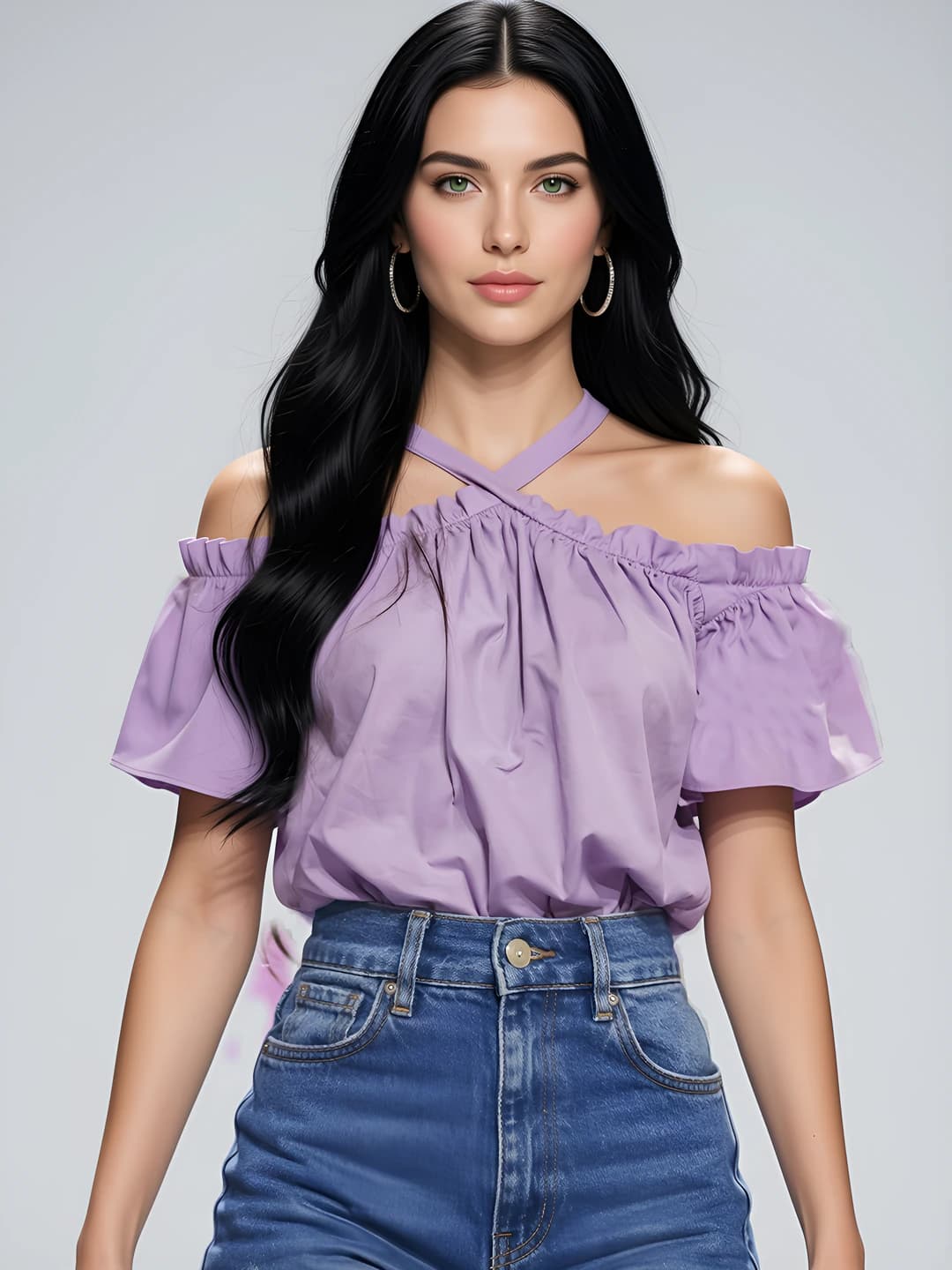 Ayollar uchun yelkalari pastga tushirilgan toplar: binafsha rangli, bir rangli, bo'sh (oversize) kesim, kalta yengli, yozgi ko'ylak