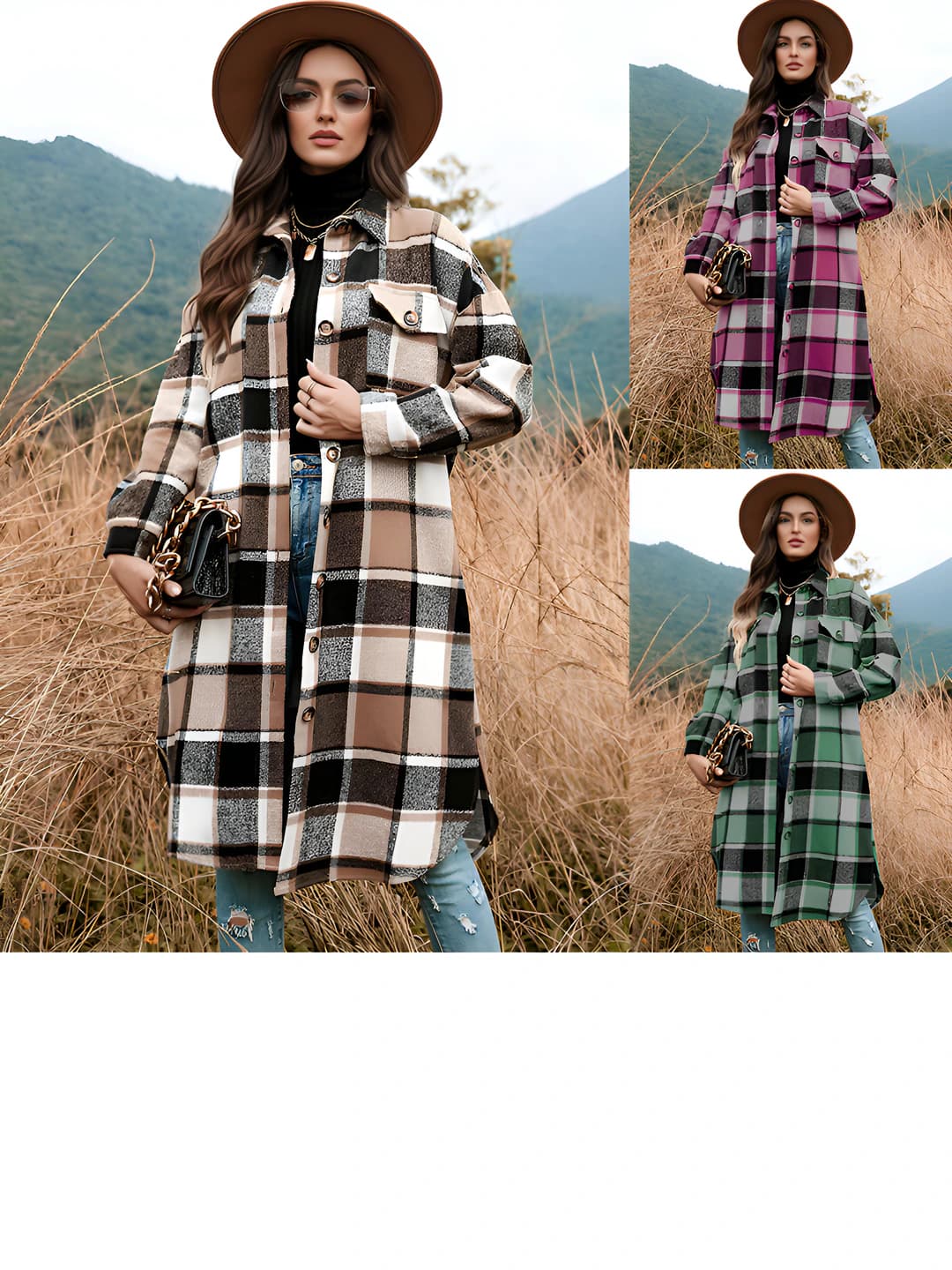 Women's 2026 spring trench coat: checked, slim fit, long, lapel collar, long sleeve, closure