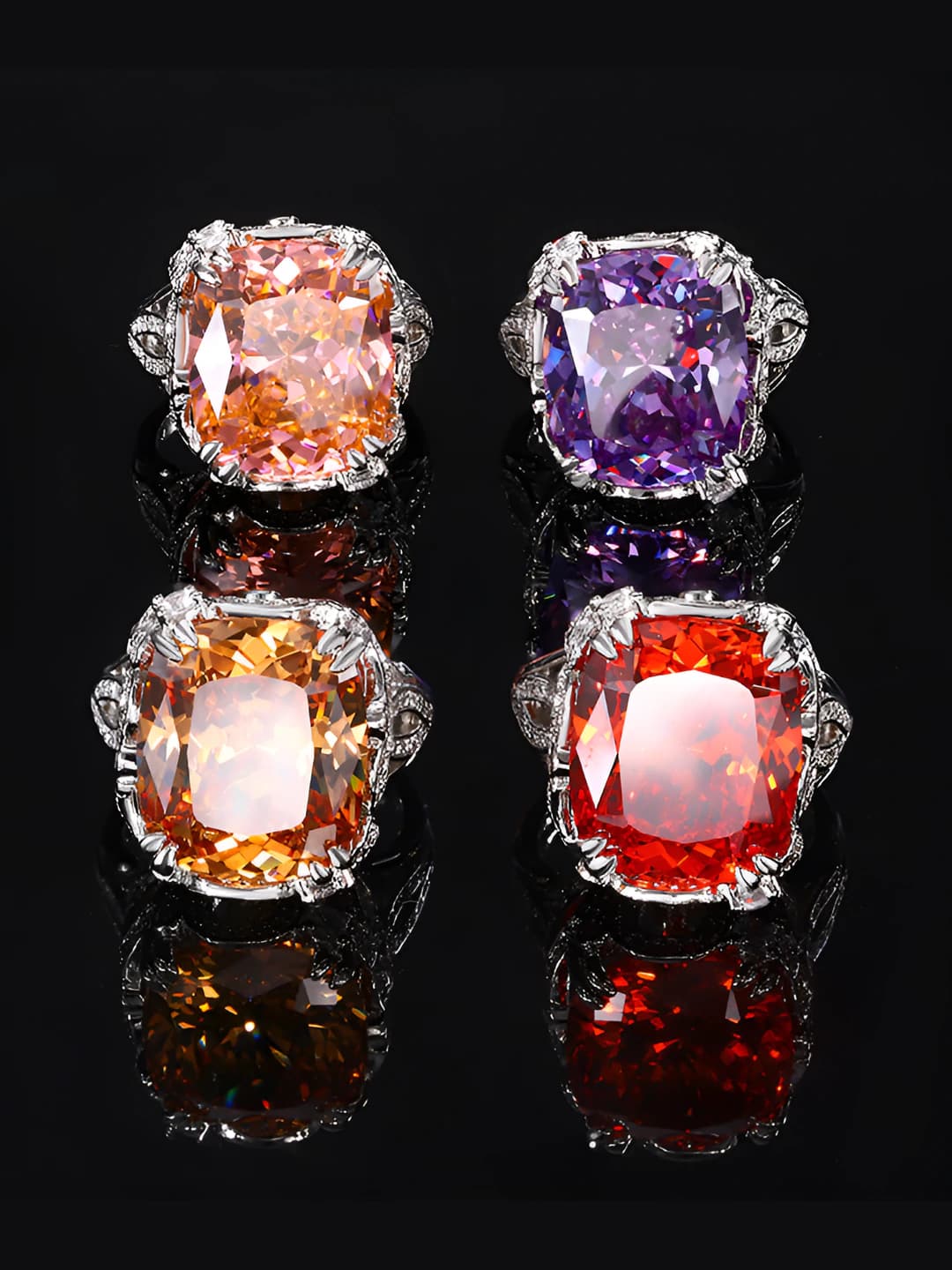 Retro women's ring, geometric shape, with crystal and colored stone inlay, on a gold-plated copper base, in a light luxury style
