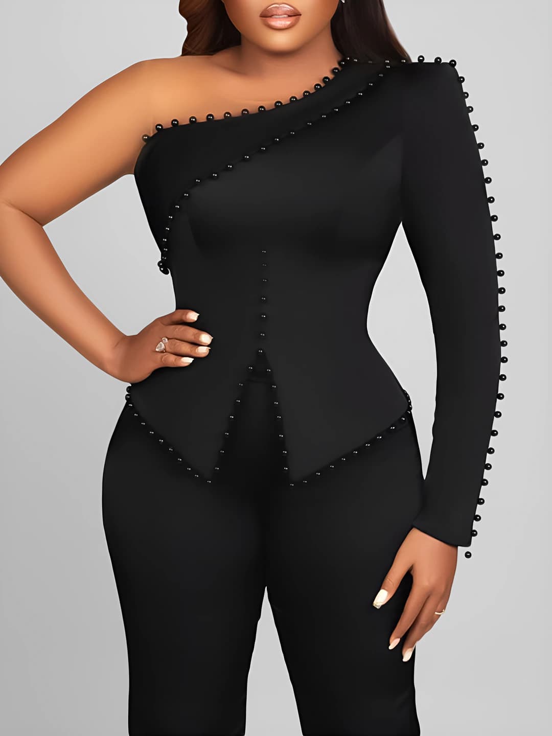 Women's 2026 spring clothing set: one-shoulder beaded top and long trousers, plus size, solid colour, polyester and spandex blend