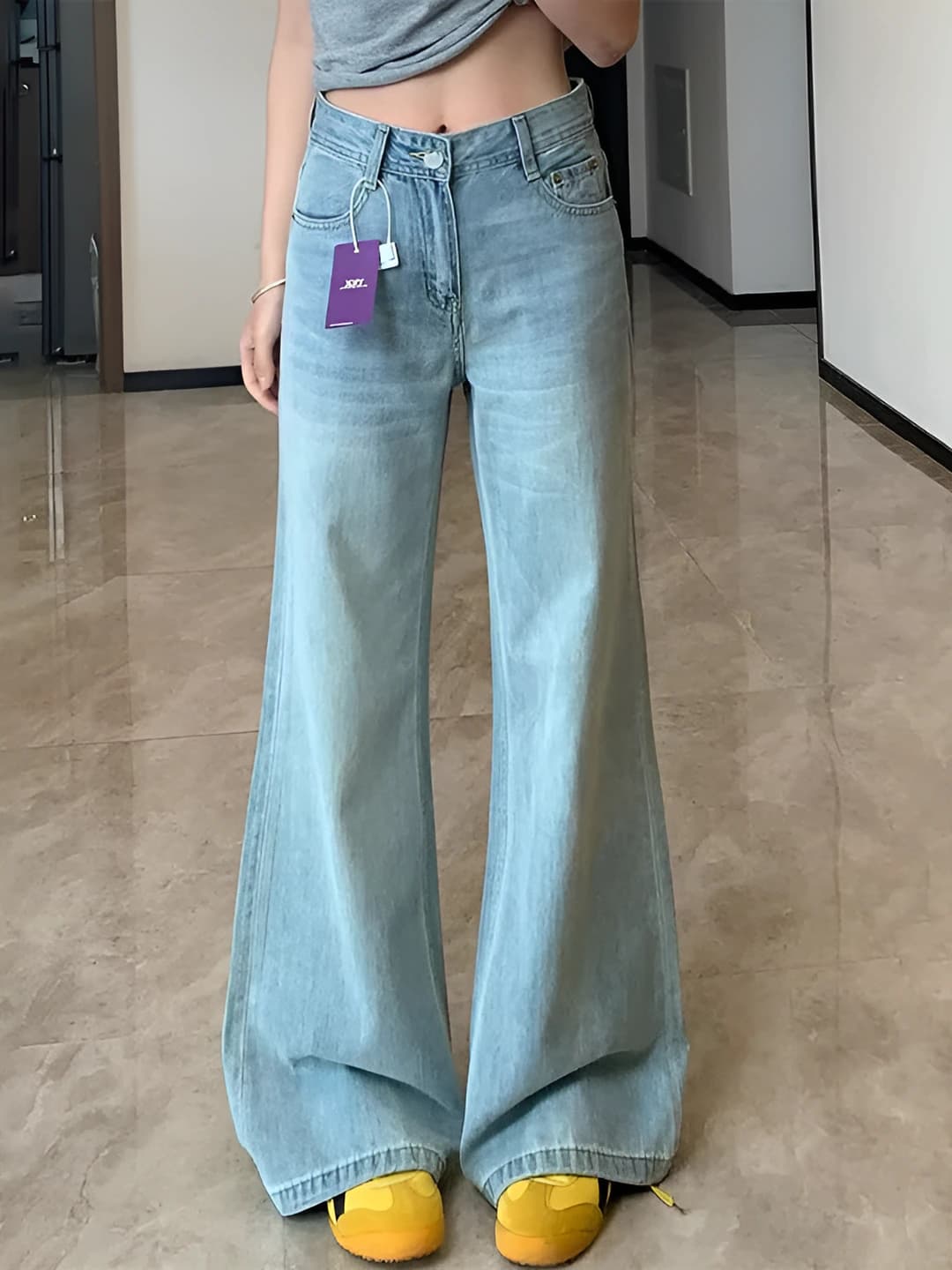 Women's wide and flared jeans, washed light blue, 2026 spring-autumn, loose fit, slimming, high waist, stretch