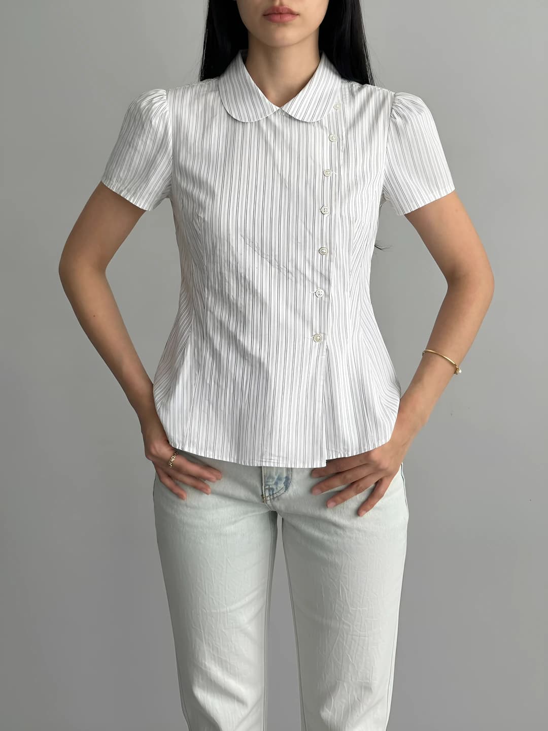 Women's summer striped shirt, short sleeve, slim fit, lapel collar, ins style