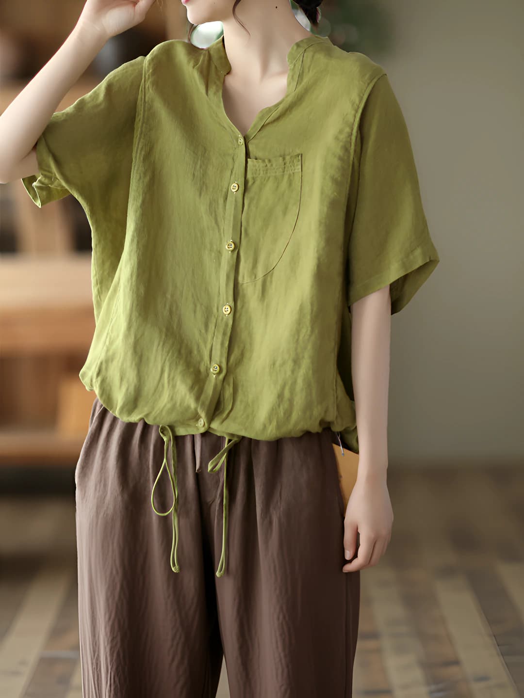 Women's plus size short sleeve shirt, solid colour, loose fit, stand collar, casual, slimming