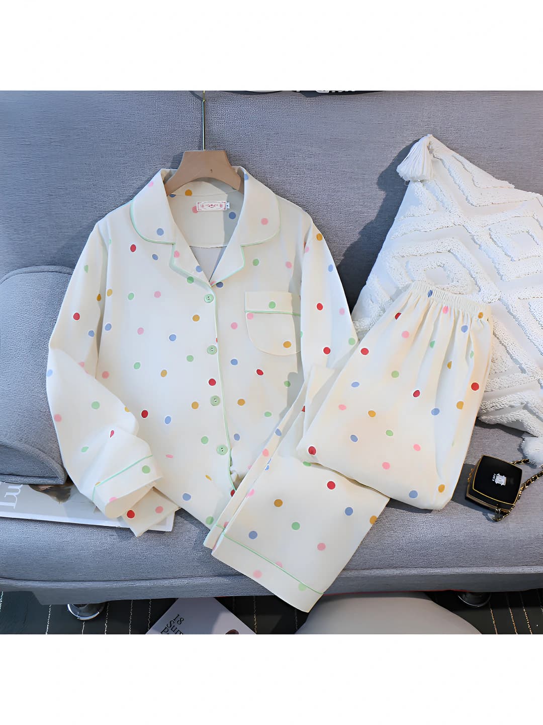 Women's ins-style pajama set with long sleeve, lapel collar and printed pattern (cardigan and trousers)