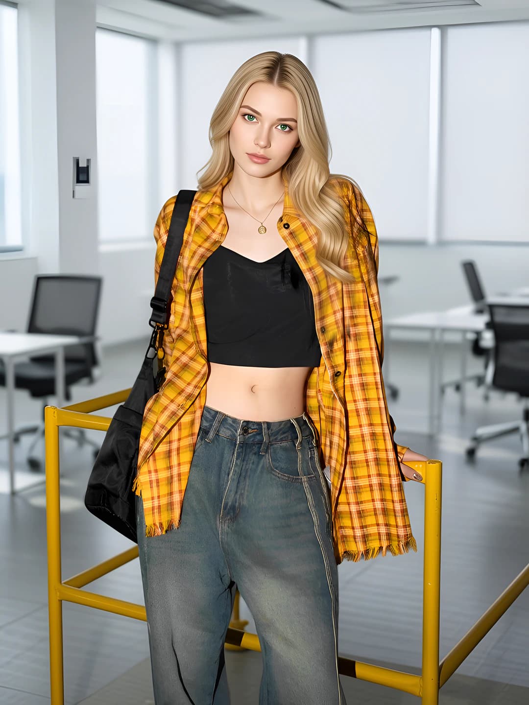 Women's spring yellow checked shirt, loose fit, long sleeve, lapel collar, casual retro style