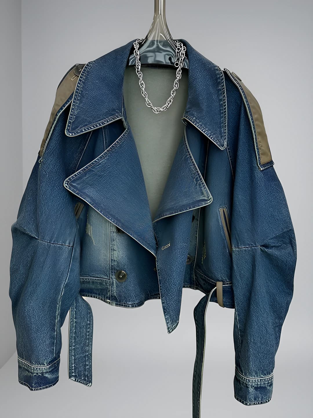 Women's retro denim jacket, solid colour, loose fit, long sleeve, blazer collar, cropped