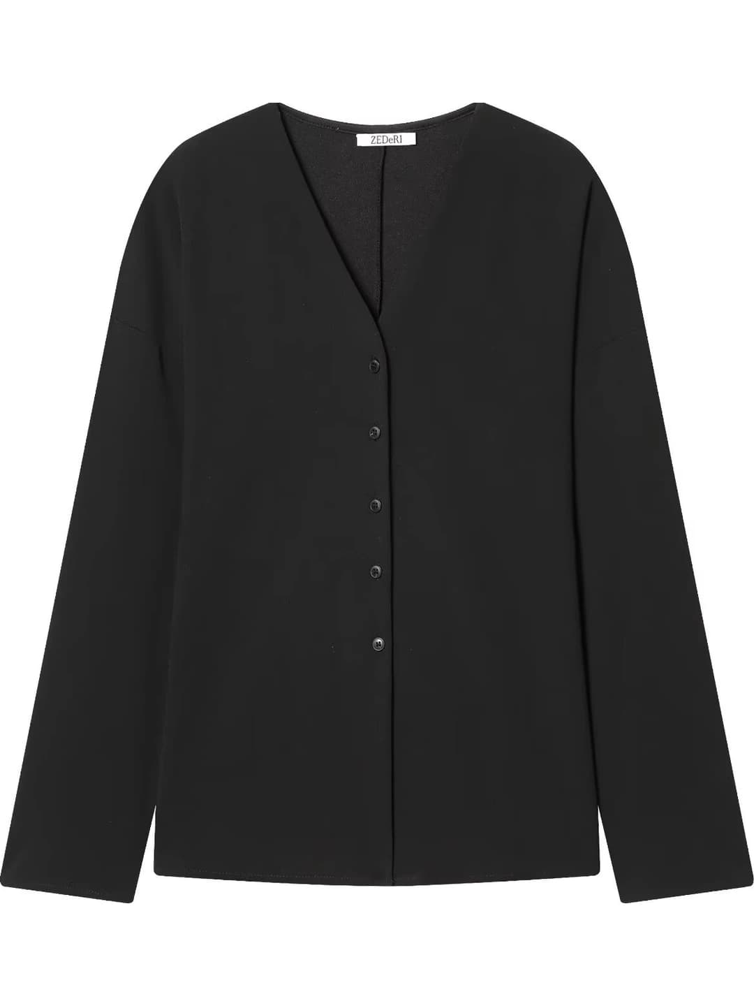 Women's long-sleeve button-front top with V-neck, loose fit, solid colour, casual style