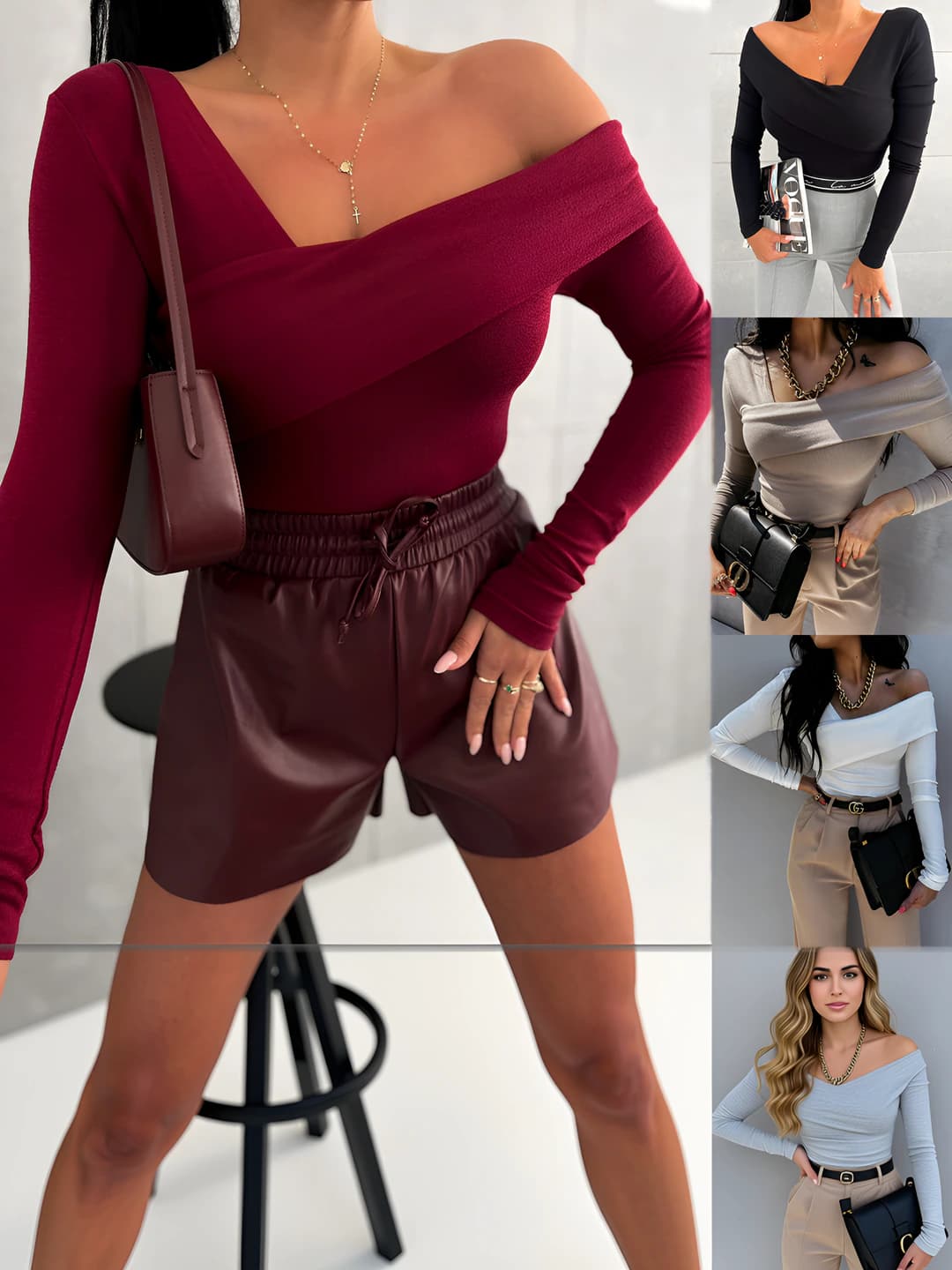 Women's off-shoulder long-sleeve top with V-neck, solid colour, slim fit t-shirt, autumn-winter 2026