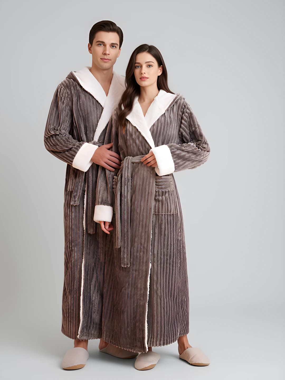 Thick flannel striped hooded robe for men and women