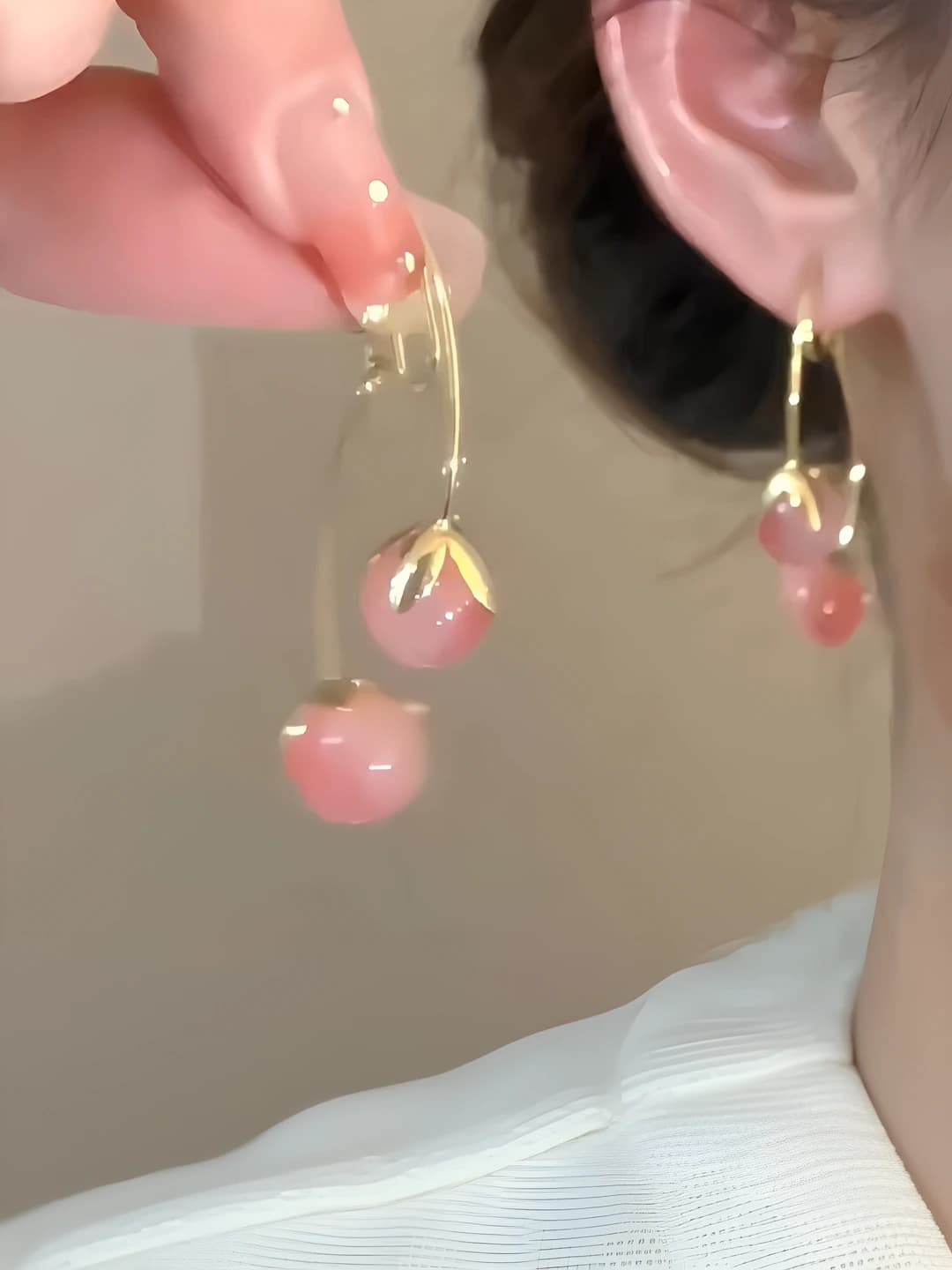 Women's pink cherry stud earrings with 925 silver posts, Korean ins style
