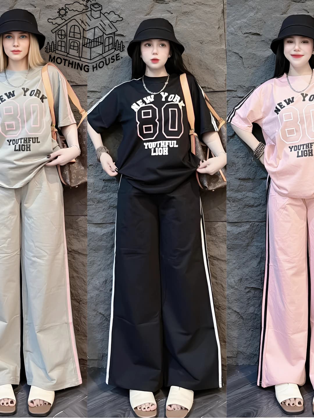 Women's summer casual two-piece set: printed t-shirt and striped wide-leg trousers, plus size