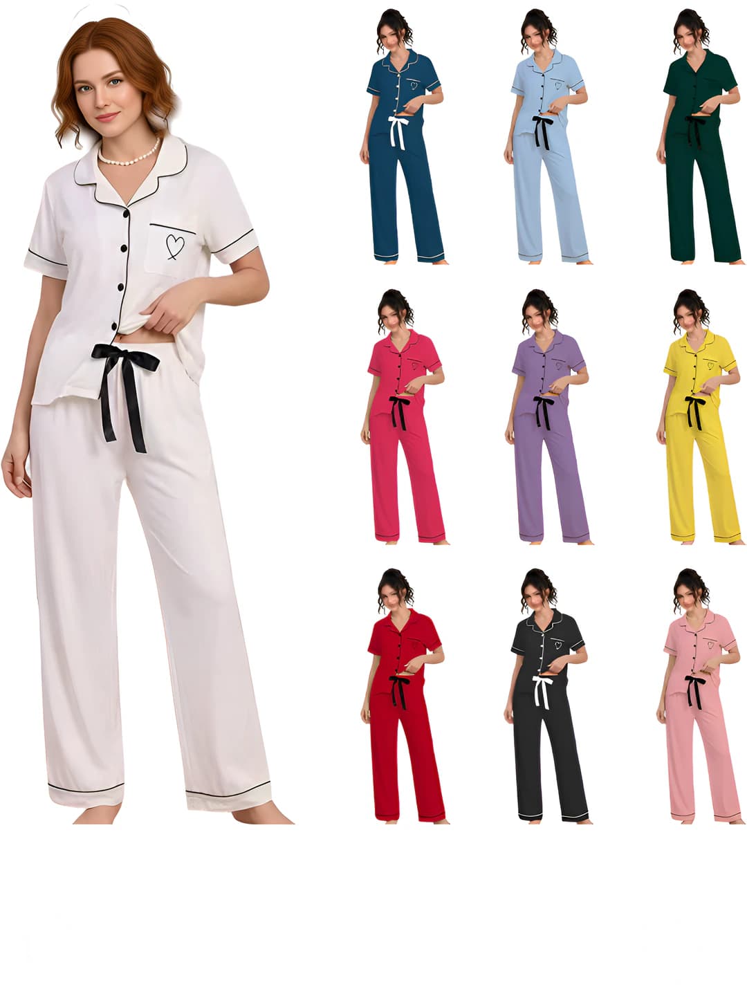 Women's short-sleeve collared pajama set with long pants, 180g cotton-like fabric