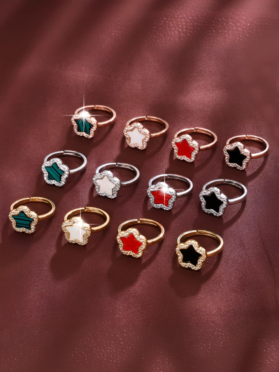 Women's open ring in gold-plated copper with zircon, five-leaf clover and star design