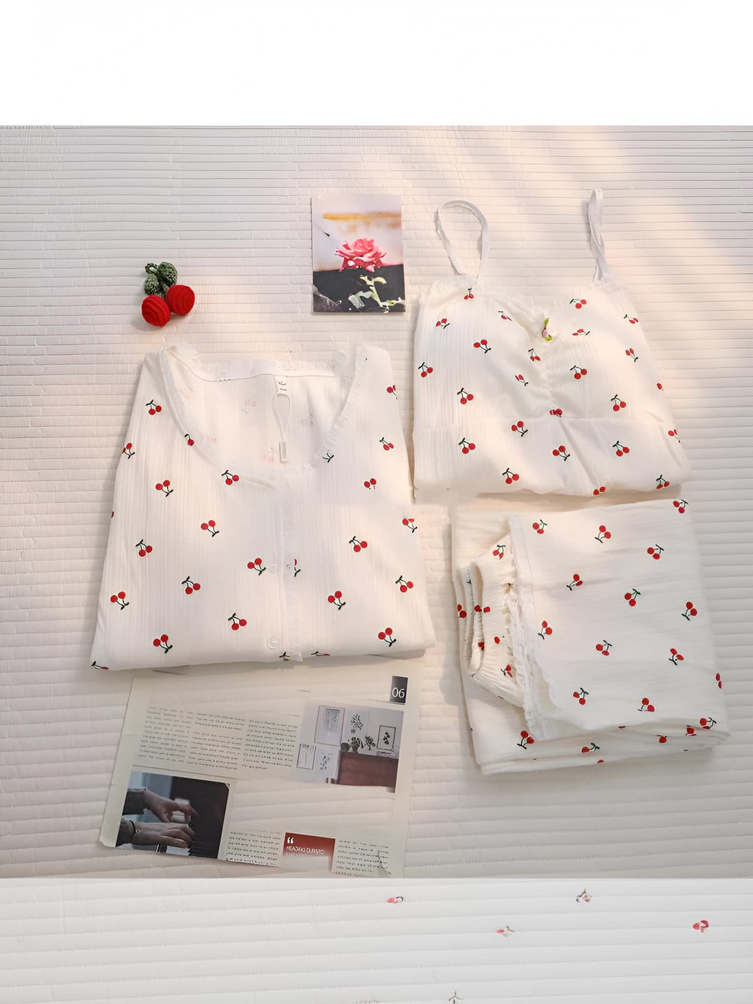 Women's spring-summer pajama set: long sleeve, trousers, crew neck, thin, stretch, breathable, Korean style, loungewear
