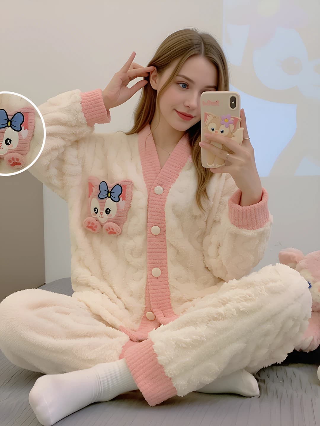Ayollar uchun koral flis pijama to'plami, issiq astarli, qalinlashtirilgan, uzun yeng, uzun shim, kuz-qish uchun, koreys uslubidagi uy kiyimi