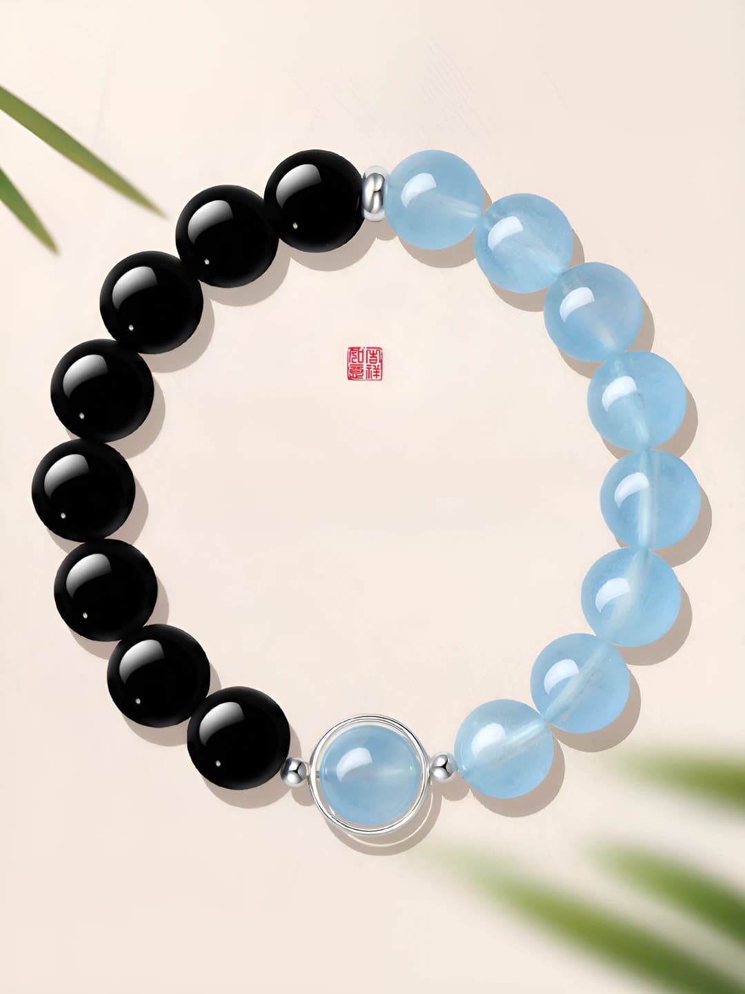Single loop 10mm obsidian+aquamarine