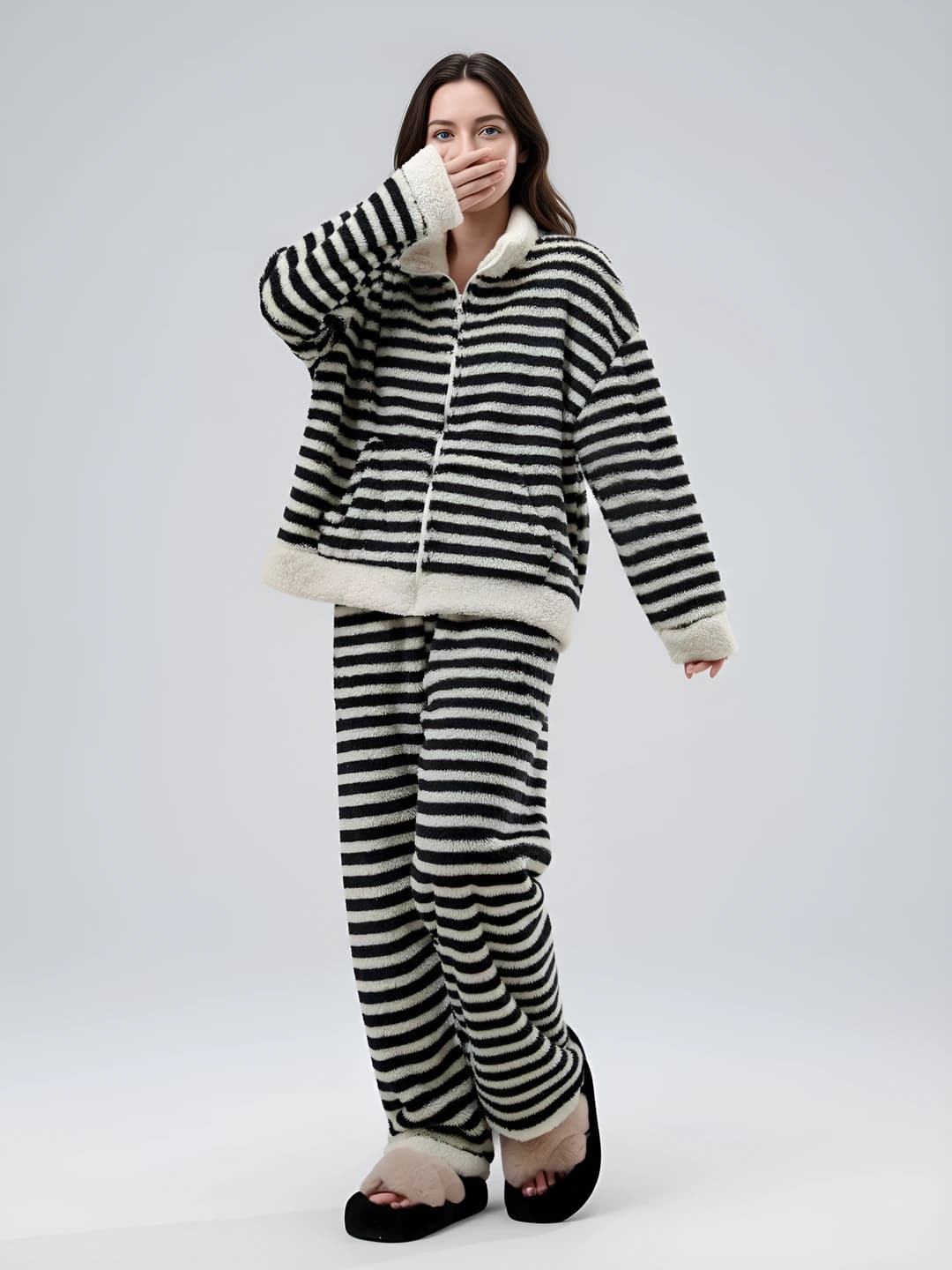 Black and White Striped Stand Collar